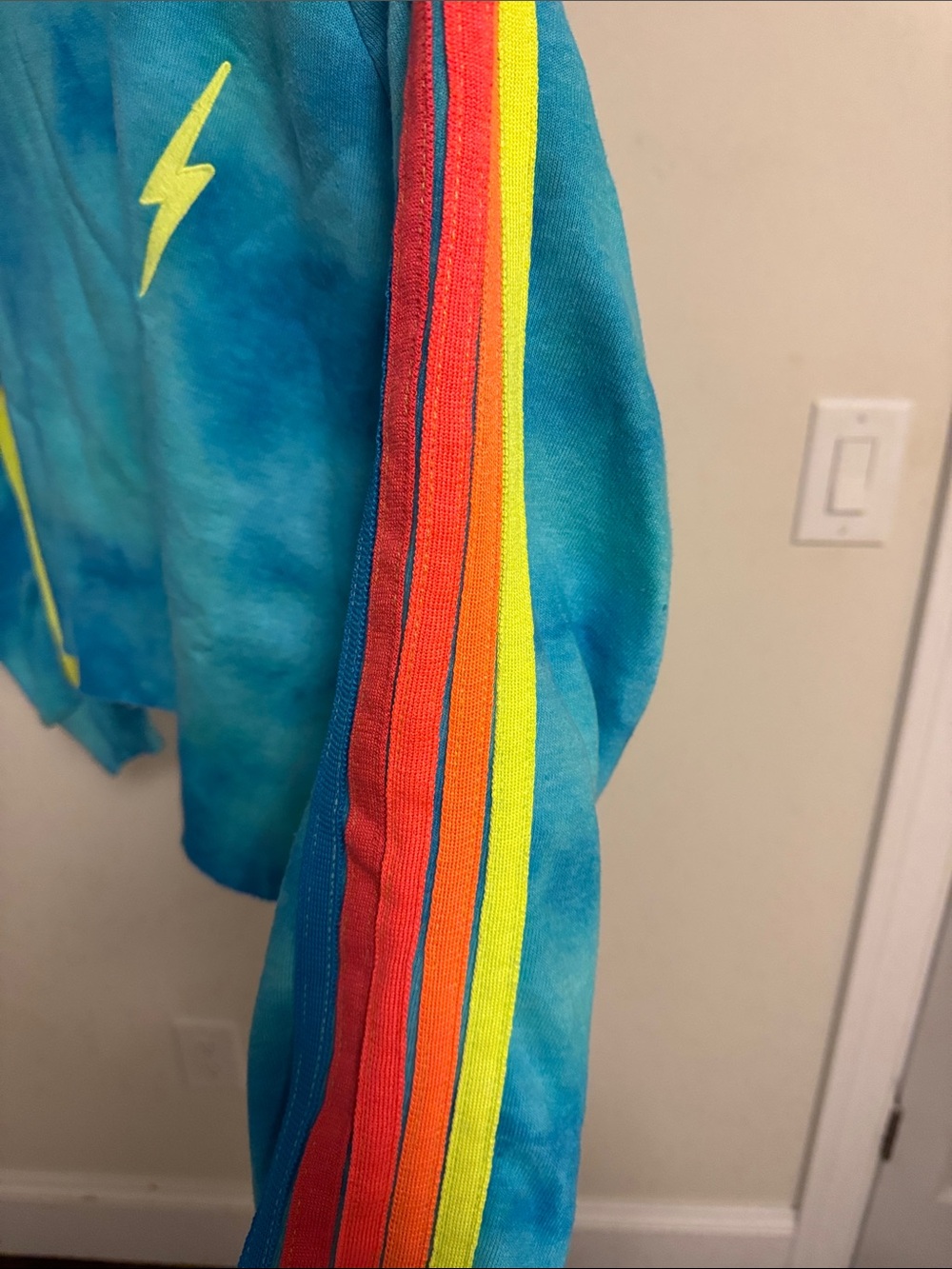 Aviator Nation Blue Tie-Dye Lightning Sweatshirt with Red Stripe Shoulders - Picture 3 of 4